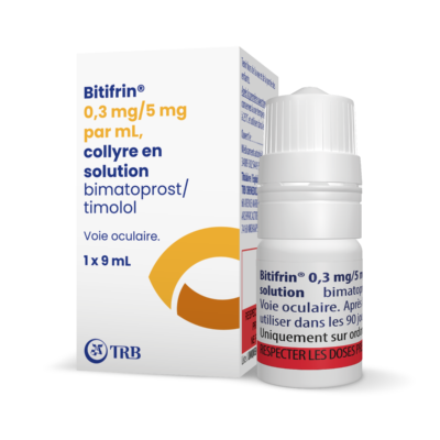 Collyre Bitifrin bimatoprost timolol, boîte et flacon.
