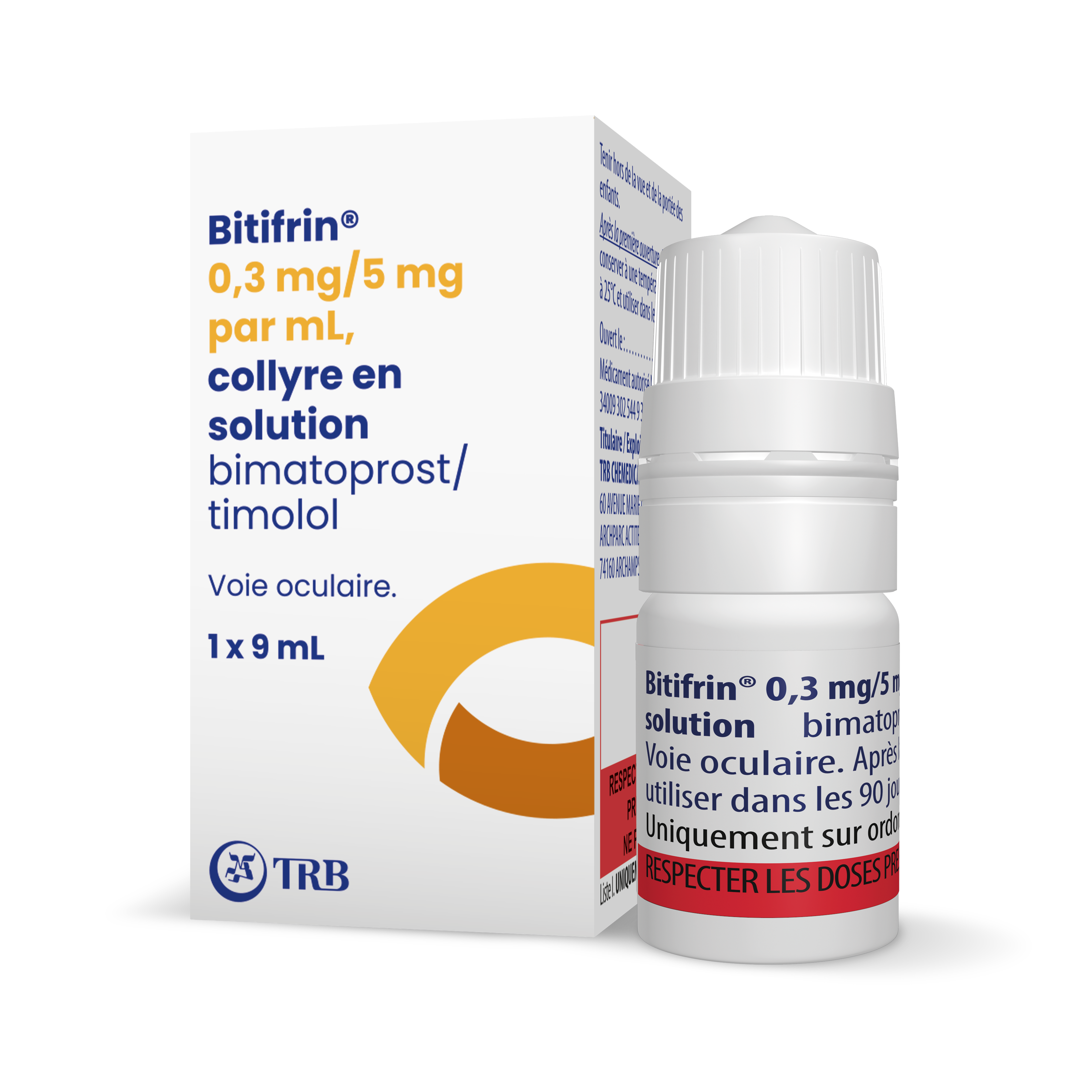 Collyre Bitifrin bimatoprost timolol, boîte et flacon.